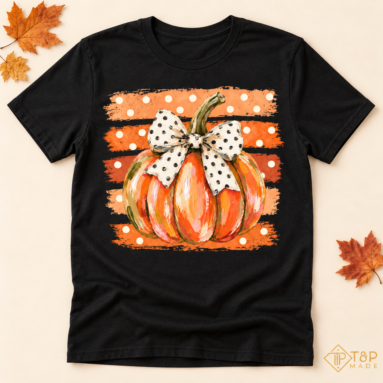 Pumpkin Bow Fall T-Shirt - Cute Polka Dot Autumn Graphic Tee