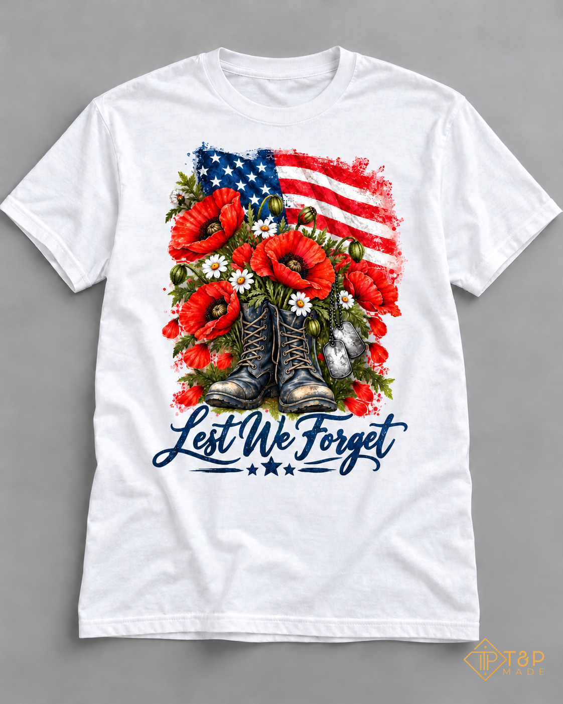 Lest We Forget Memorial Day T-Shirt - American Flag & Poppy Military Tribute Tee