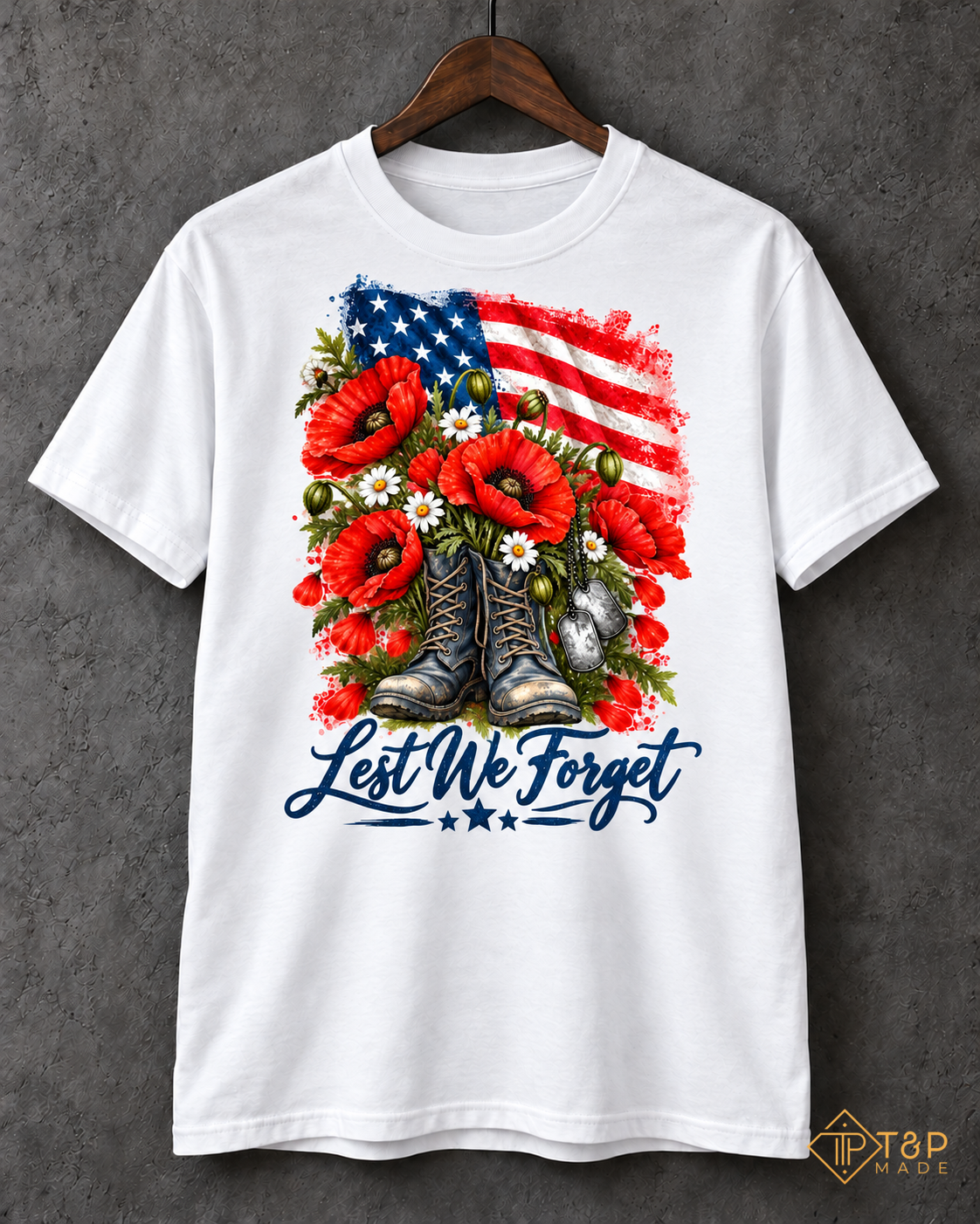 Lest We Forget Memorial Day T-Shirt - American Flag & Poppy Military Tribute Tee