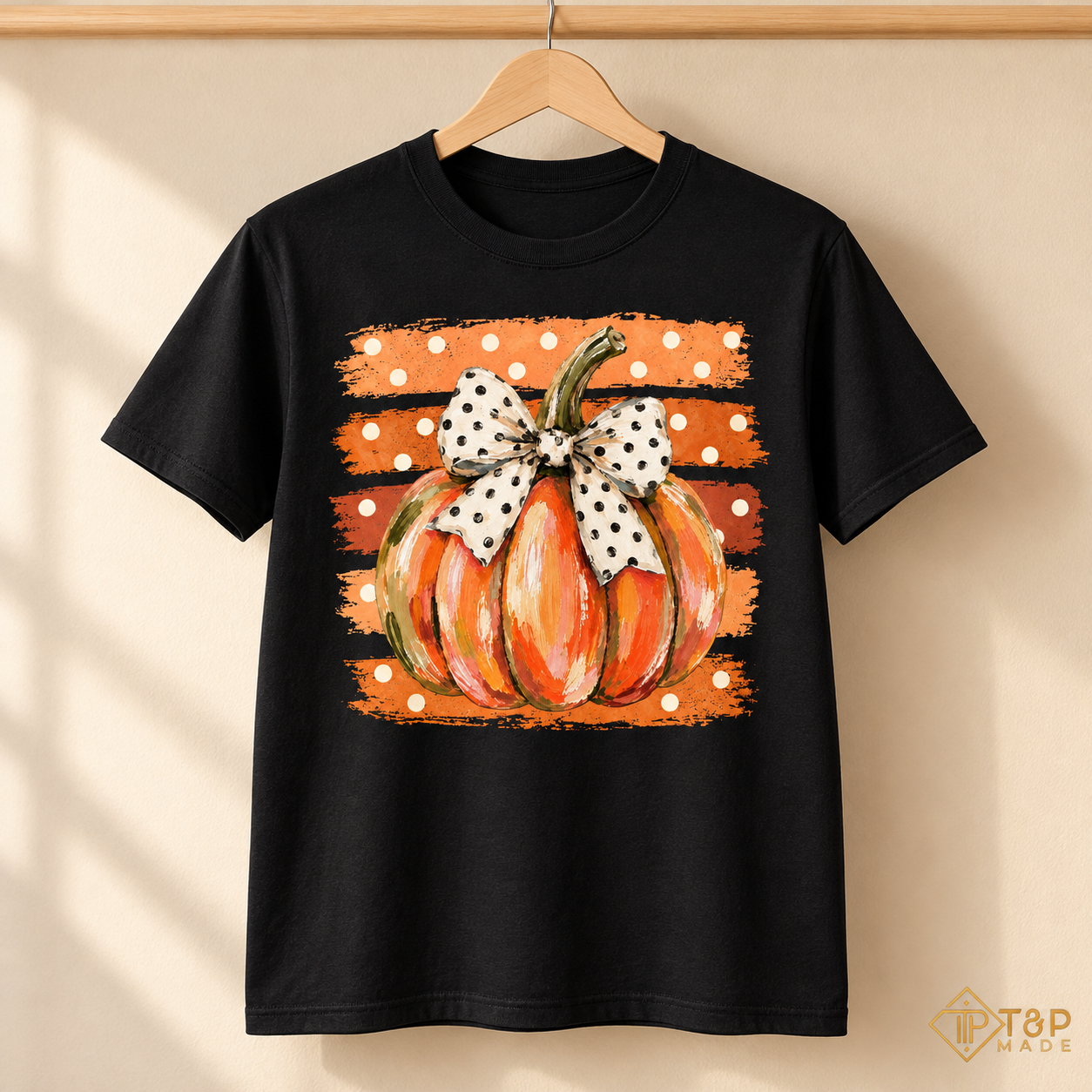 Pumpkin Bow Fall T-Shirt - Cute Polka Dot Autumn Graphic Tee