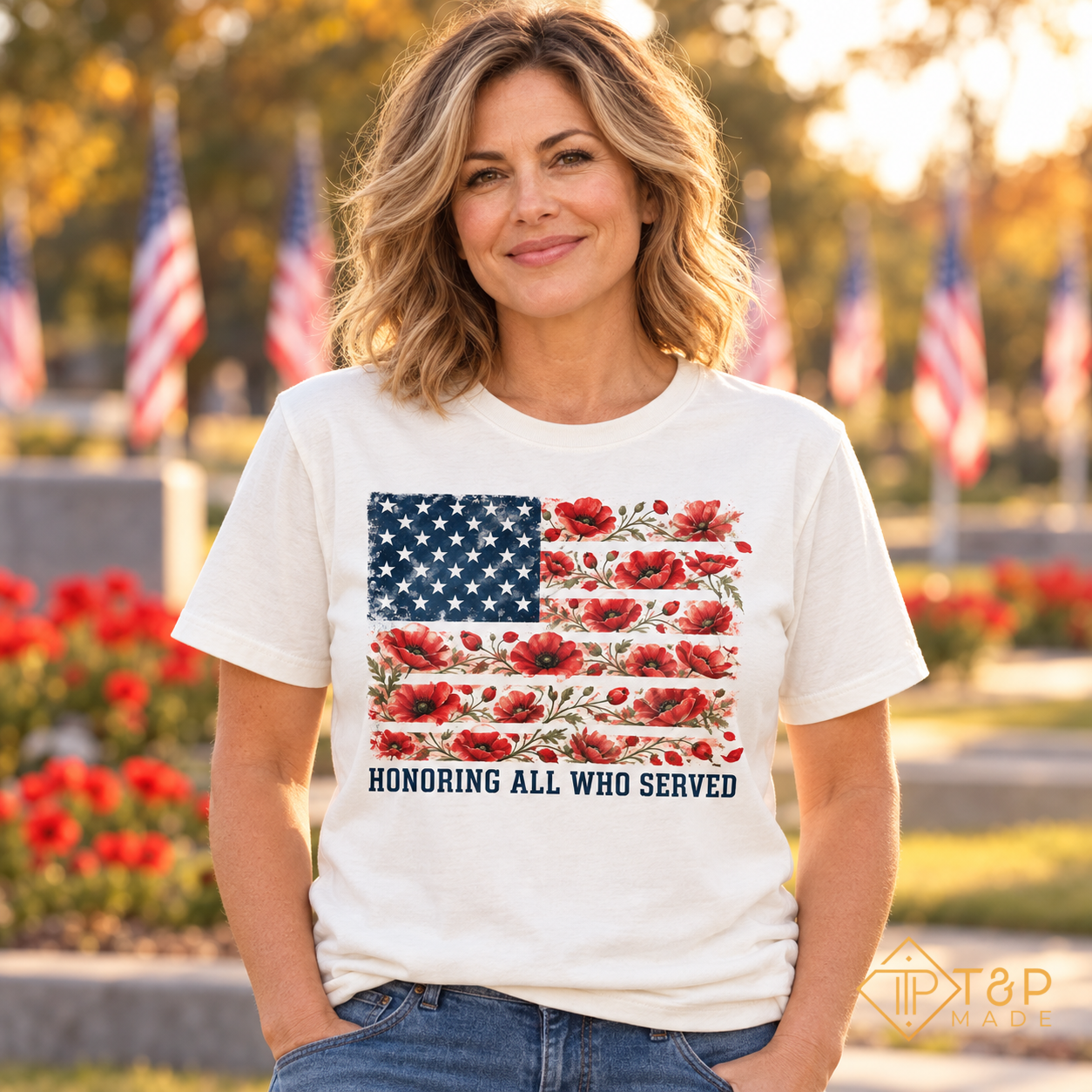 Honoring All Who Served Veterans T-Shirt - American Flag & Poppy Tee