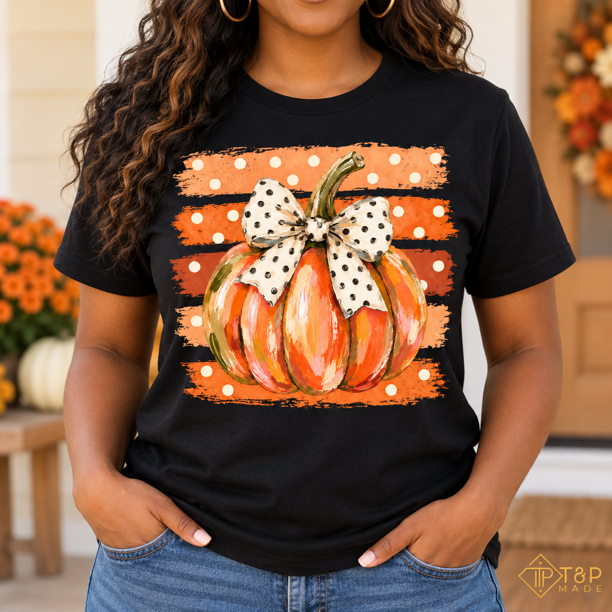 Pumpkin Bow Fall T-Shirt - Cute Polka Dot Autumn Graphic Tee