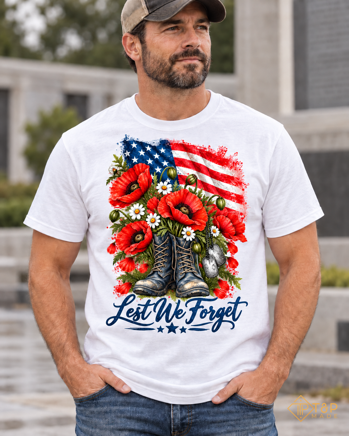 Lest We Forget Memorial Day T-Shirt - American Flag & Poppy Military Tribute Tee