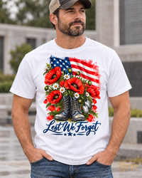 Lest We Forget Memorial Day T-Shirt - American Flag & Poppy Military Tribute Tee