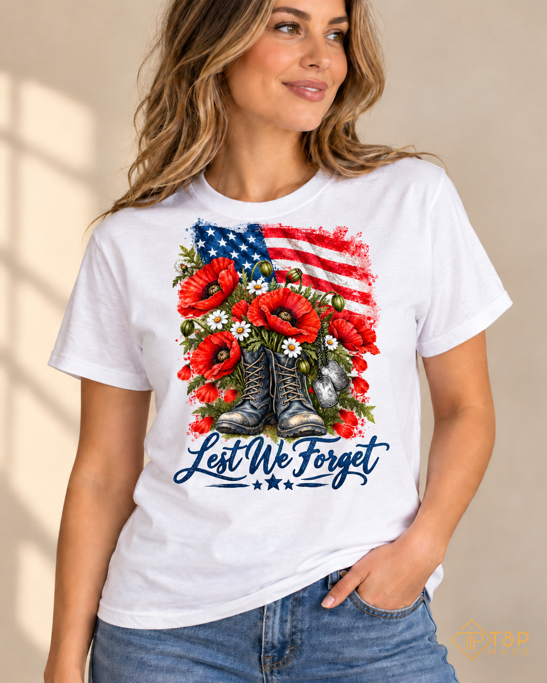 Lest We Forget Memorial Day T-Shirt - American Flag & Poppy Military Tribute Tee