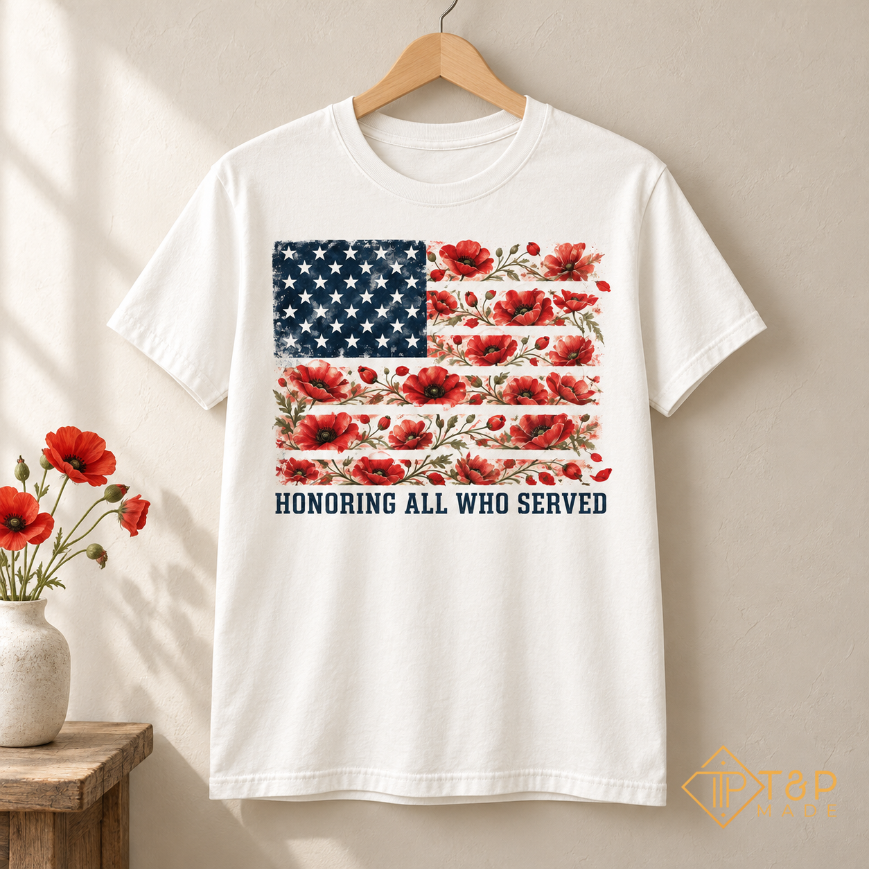 Honoring All Who Served Veterans T-Shirt - American Flag & Poppy Tee