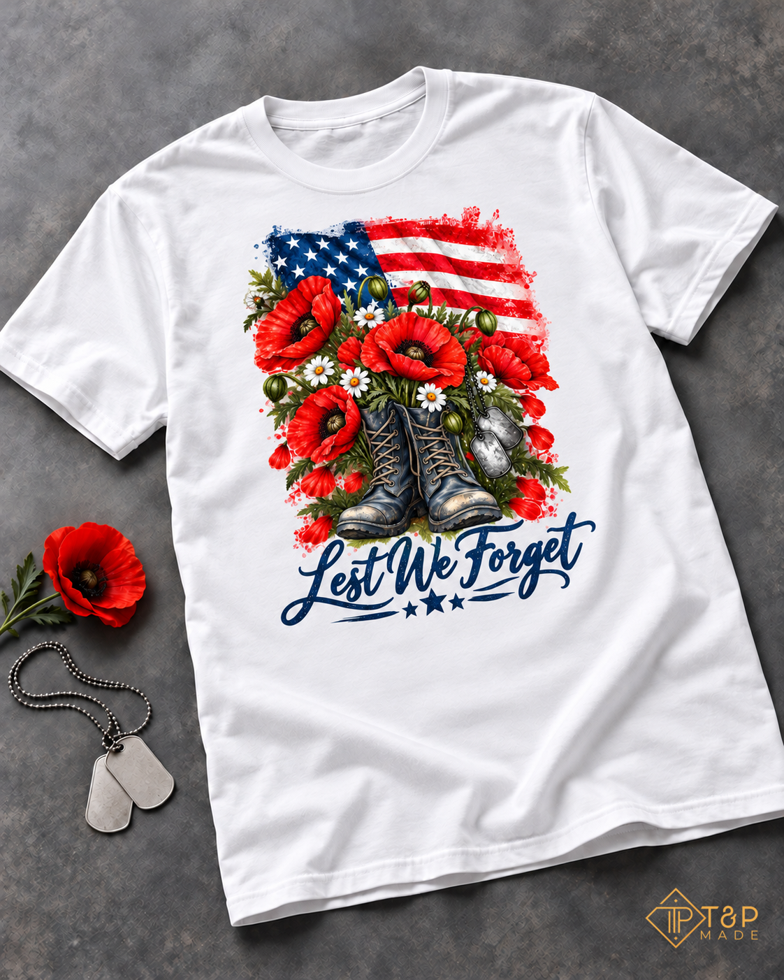 Lest We Forget Memorial Day T-Shirt - American Flag & Poppy Military Tribute Tee