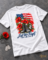 Lest We Forget Memorial Day T-Shirt - American Flag & Poppy Military Tribute Tee