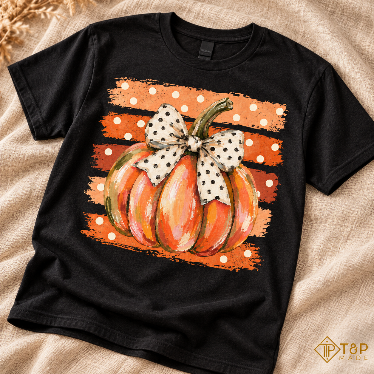 Pumpkin Bow Fall T-Shirt - Cute Polka Dot Autumn Graphic Tee