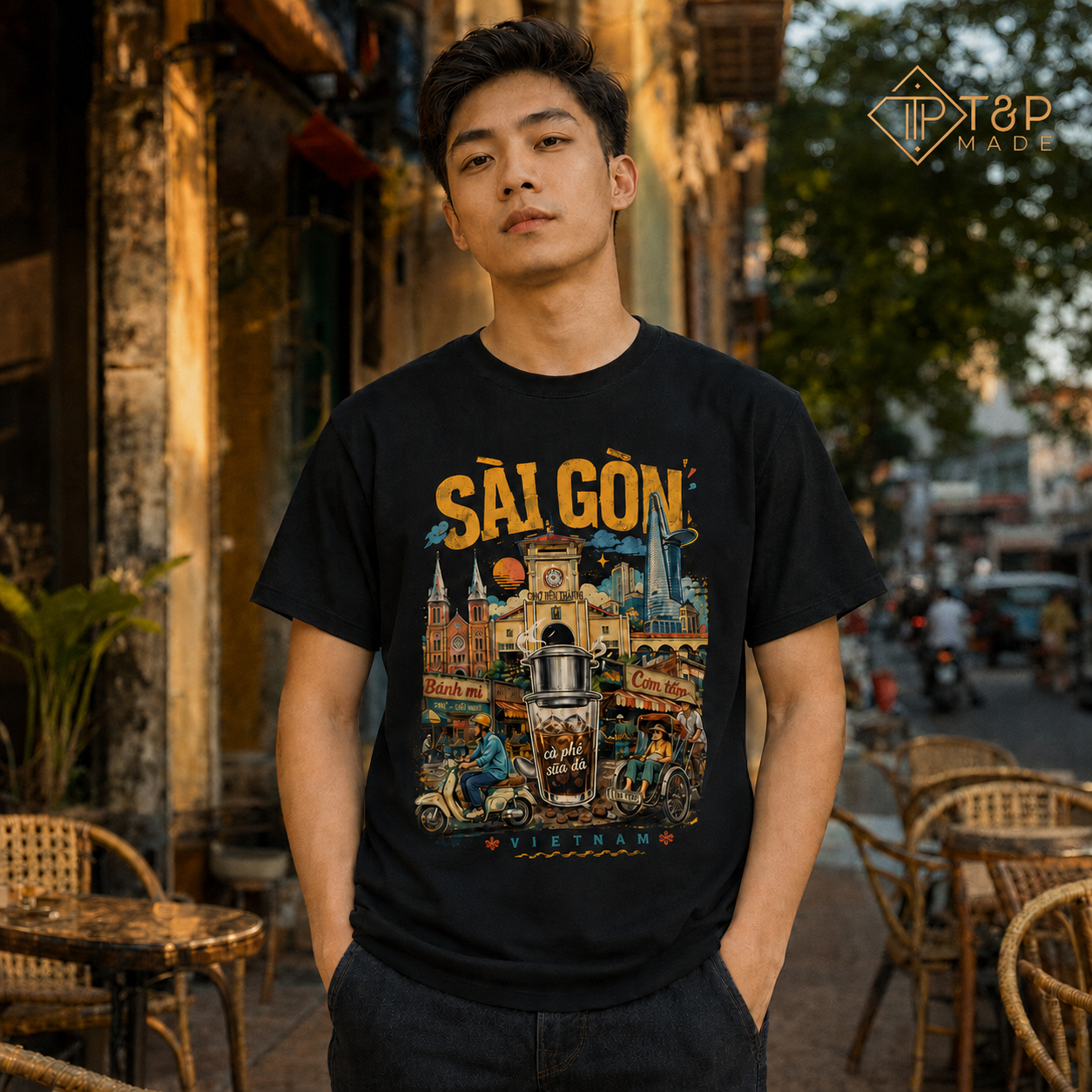 Model wearing a black Saigon Vietnam graphic T-shirt featuring Vietnamese coffee, banh mi and street food