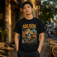 Model wearing a black Saigon Vietnam graphic T-shirt featuring Vietnamese coffee, banh mi and street food